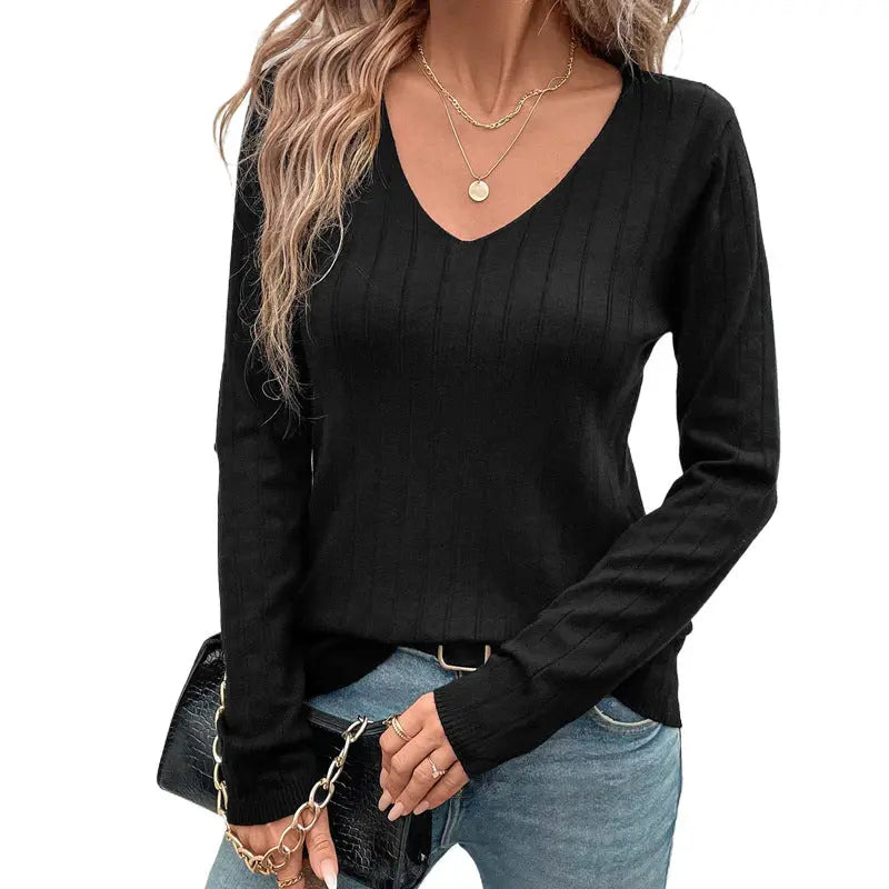 European And American Fall Women's Clothing Sunken Stripe V-neck Black Sweater For Women hercurva