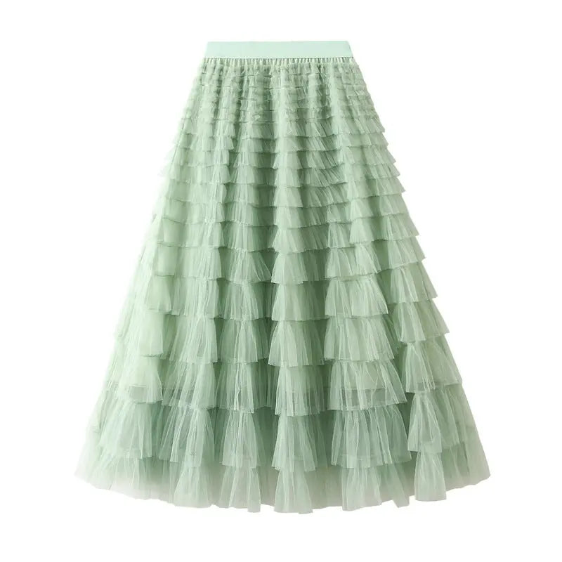 A-Line Mesh Ruffle Skirt Women's Temperament Sweet Long Skirt Slim Cupcake Dress Womens Clothing hercurva