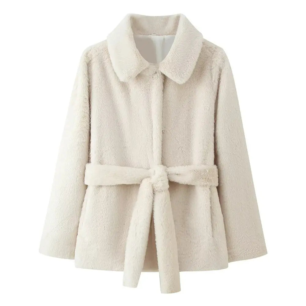 Lapel Women's Casual Slim-fit Solid Color Belt-effect Faux Fur Coat hercurva