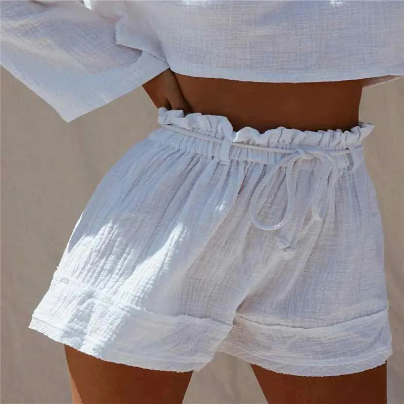 Solid Color Loose Pleated Elastic Belt High Waist Cotton And Linen Boho Shorts Hot Pants hercurva