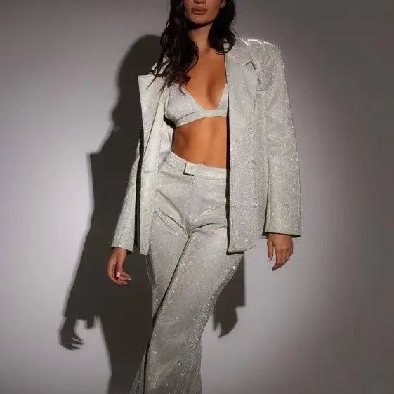 3pcs Shiny Long-sleeved Suit With Bra Lapel Blazer And Straight-leg Trousers Fashion Party Jacket Set For Women Clothing hercurva