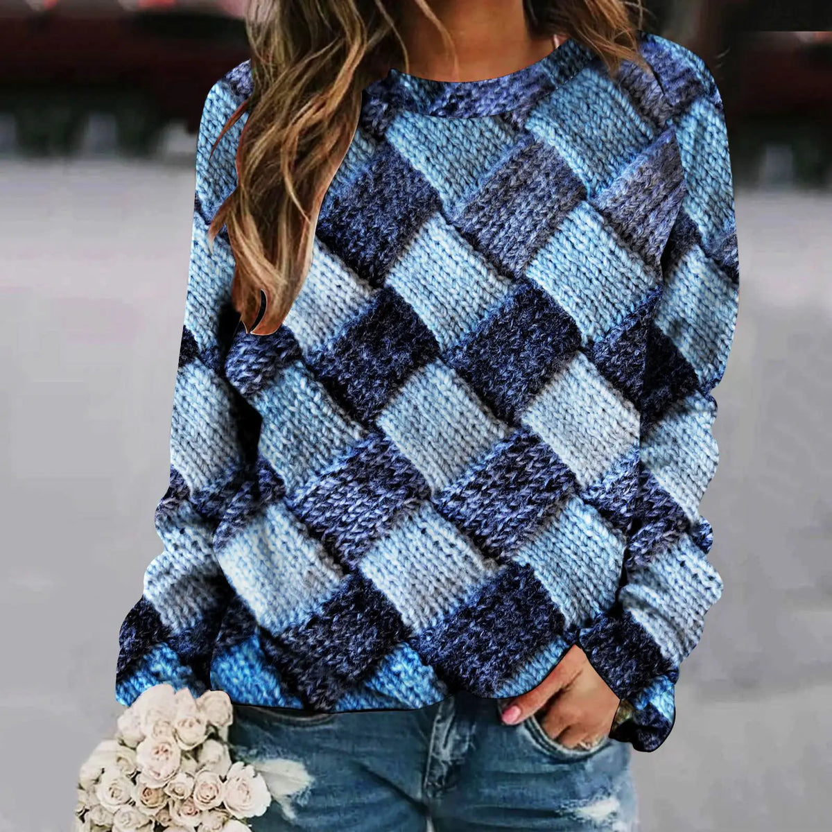 Printed Patchwork Round Neck Raglan Long Sleeve Women's Sweater hercurva