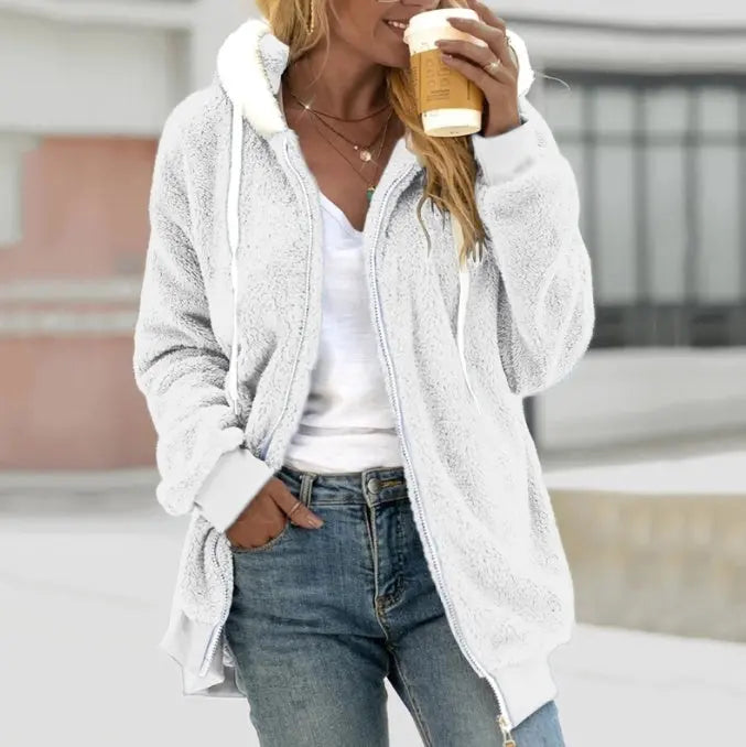 Women's Loose Plush Zipper Hooded Jacket hercurva