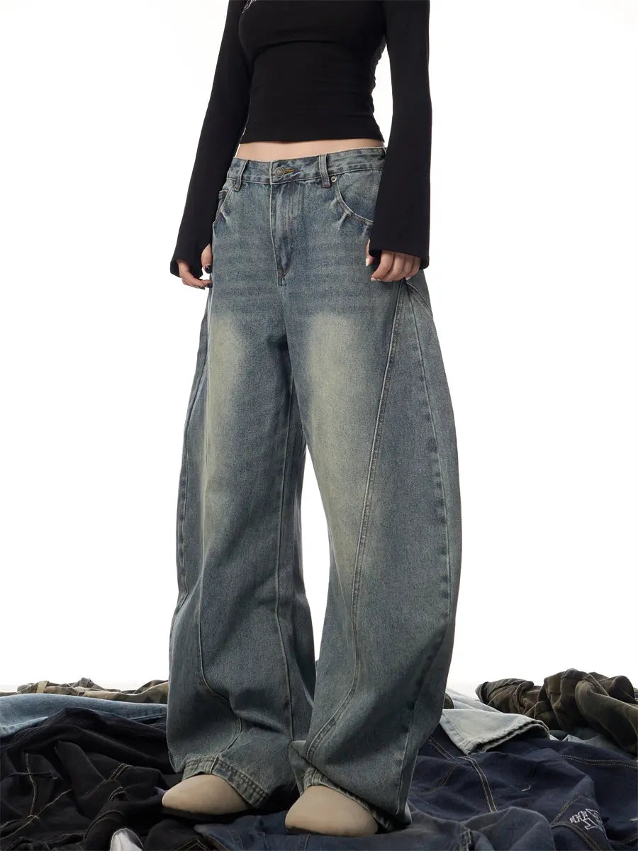 Women's Wide Leg Retro Washed Worn Jeans hercurva