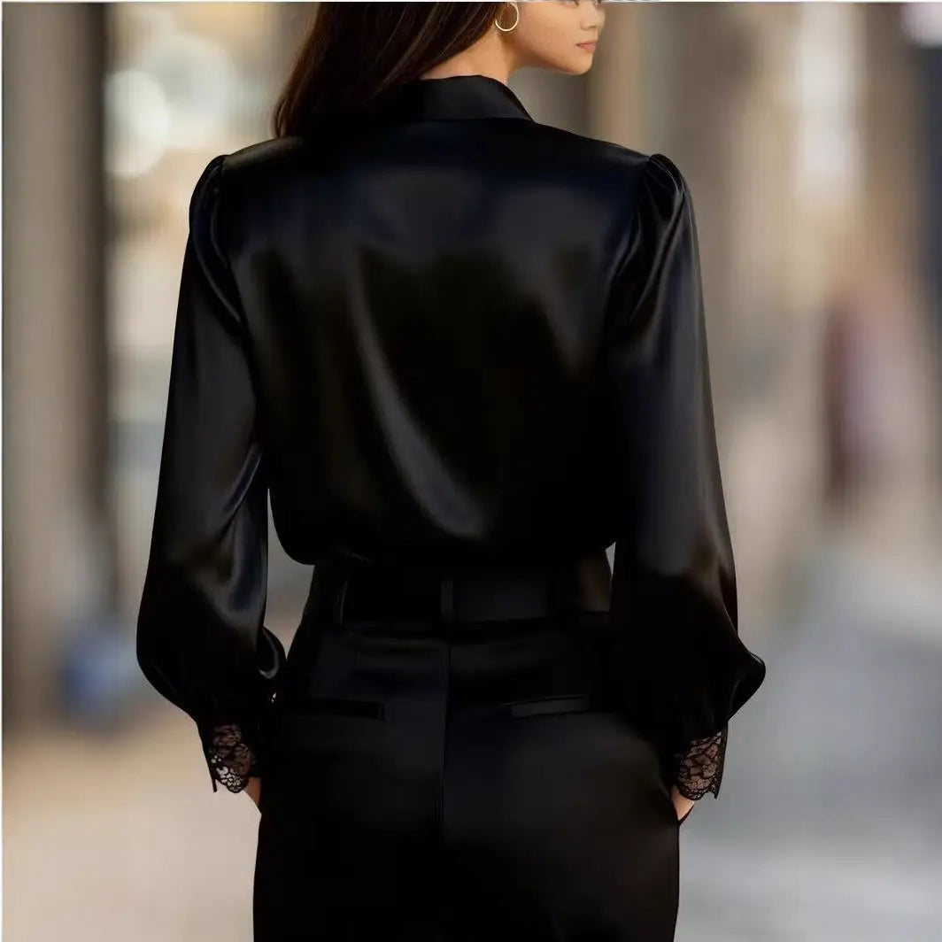 Women's Solid-Color Niche Lace V-Neck Puff-Sleeve Shirt hercurva
