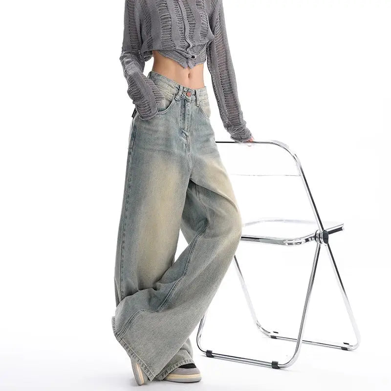 Retro Denim American Style Loose Slimming Mop Wide Leg Pants hercurva
