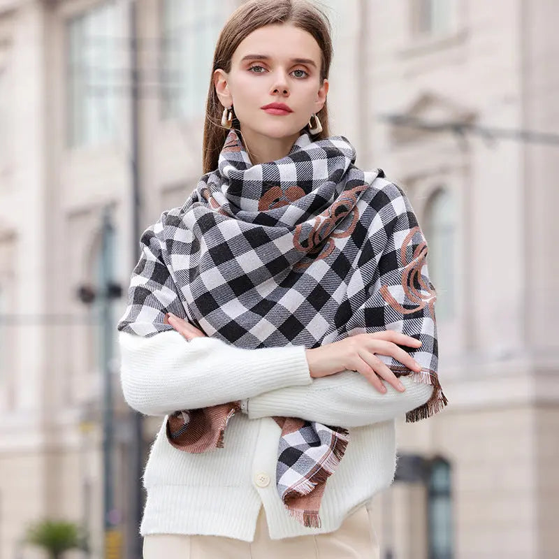 High-grade Cold Protection In Autumn And Winter Thermal Plaid Scarf Printed Tassel Mid-length Shawl hercurva