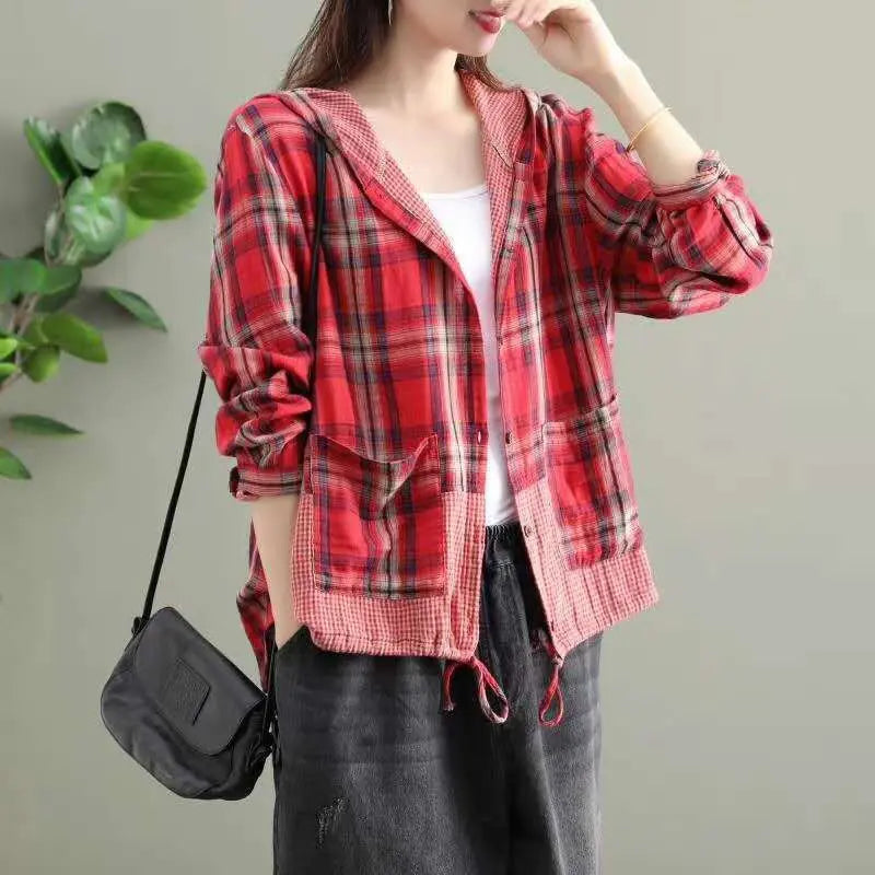 Literary Original Cotton Hooded Plaid Jacket hercurva