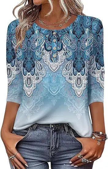 Printed 34 Sleeves Button Women's T-shirt hercurva