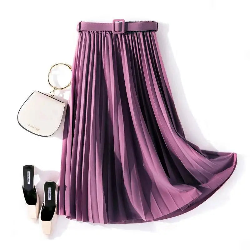Solid Color Simple Organ Pleated Skirt Mid-length Skirt hercurva