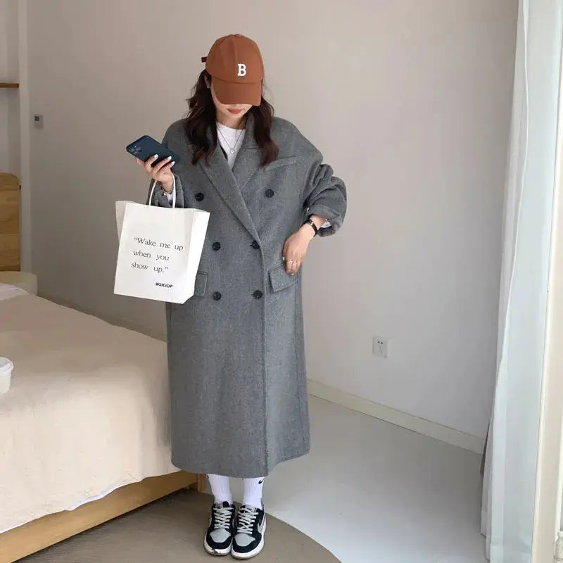 Women's Gray Woolen Plump Girls Loose All-match Coat hercurva