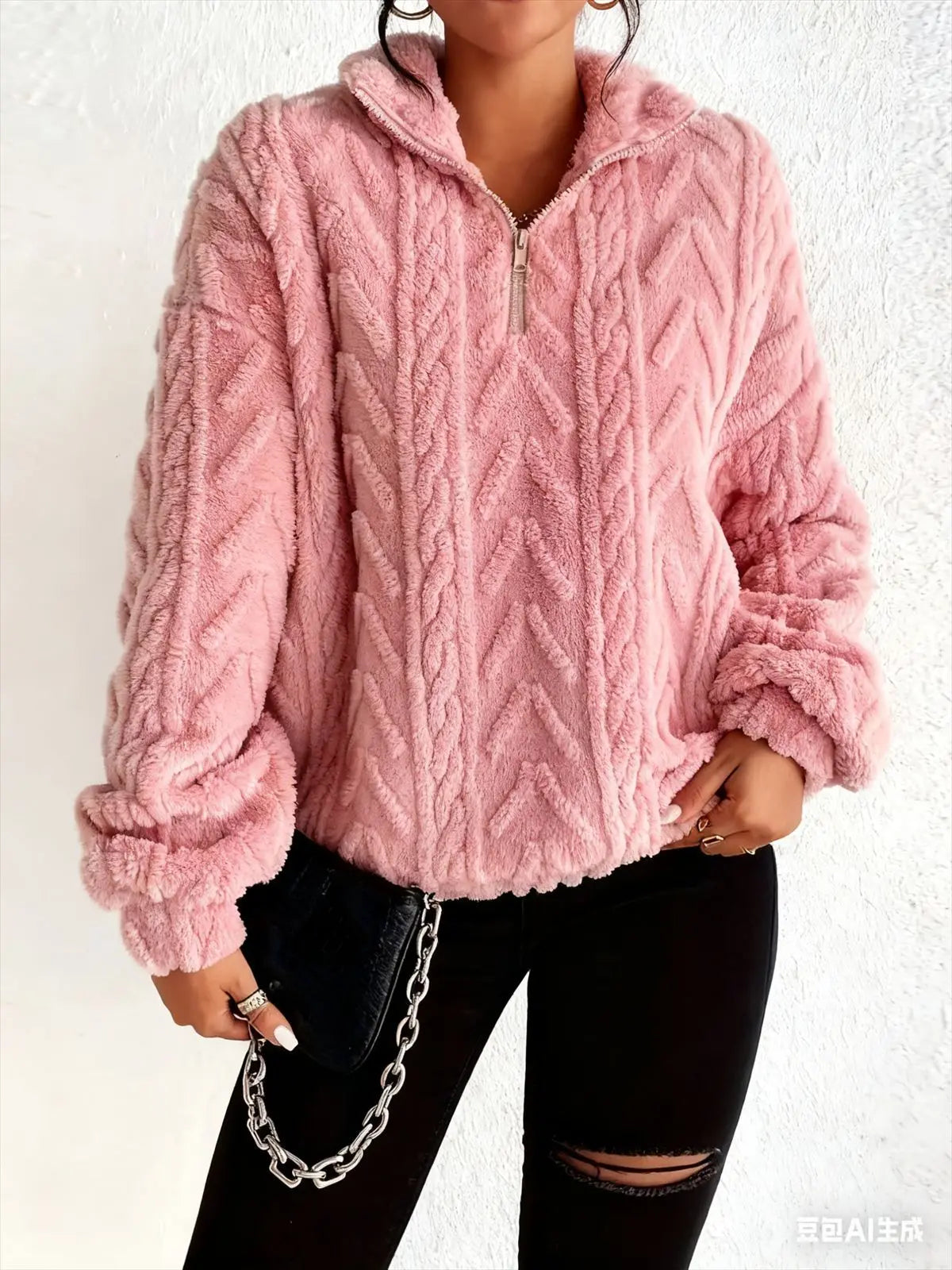 Double-sided Plush Latte Art Casual Zipper Pullover Top hercurva