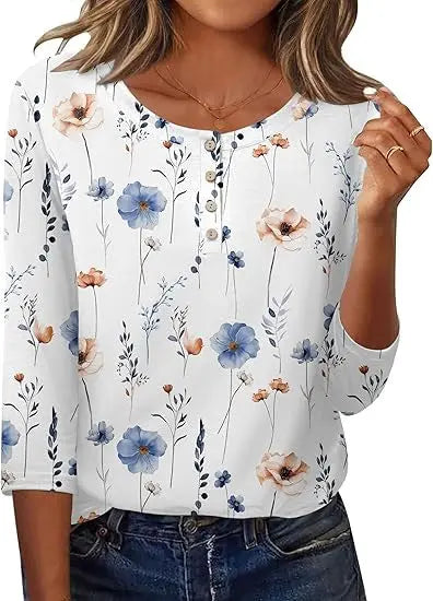 Printed 34 Sleeves Button Women's T-shirt hercurva