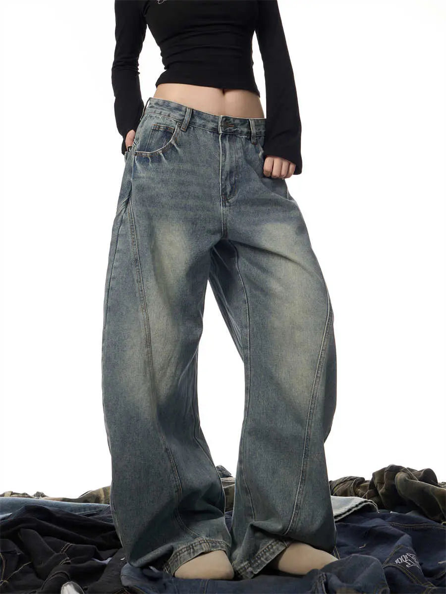 Women's Wide Leg Retro Washed Worn Jeans hercurva