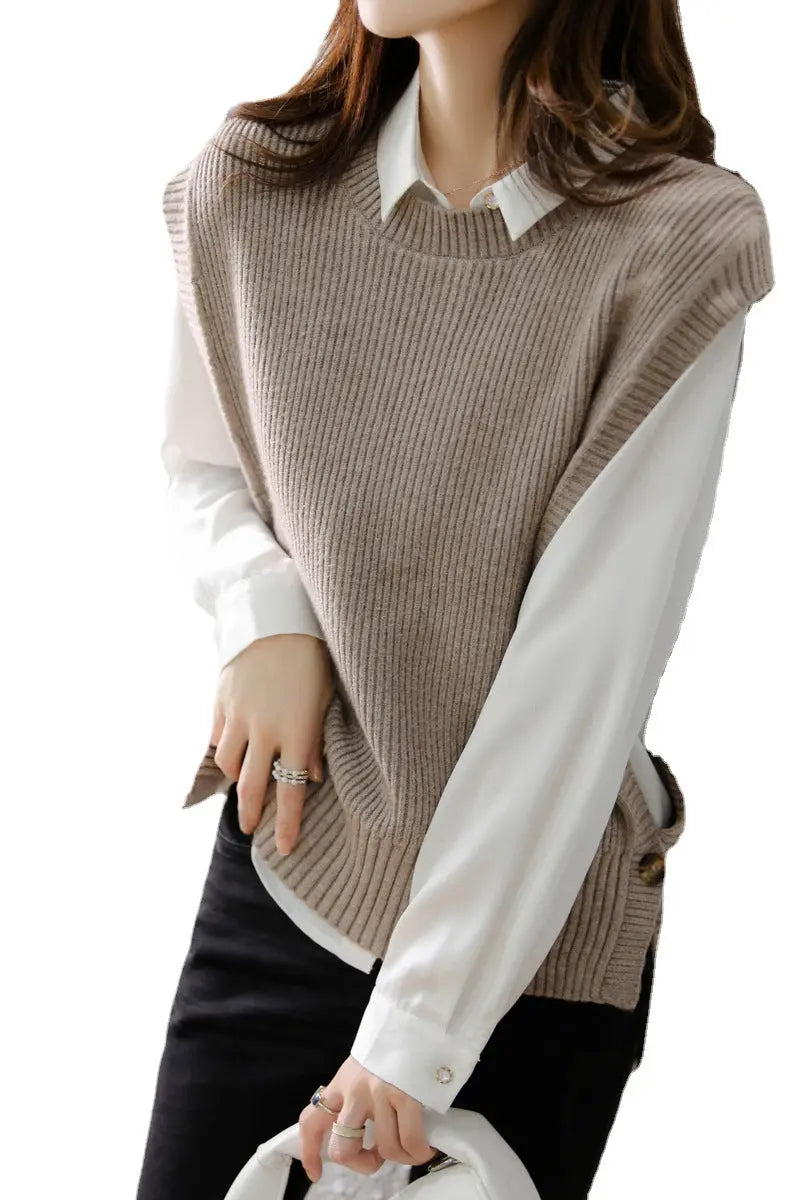 Womens Knitted Crew-Neck Vest Casual Loose-Fit Sleeveless Waistcoat hercurva