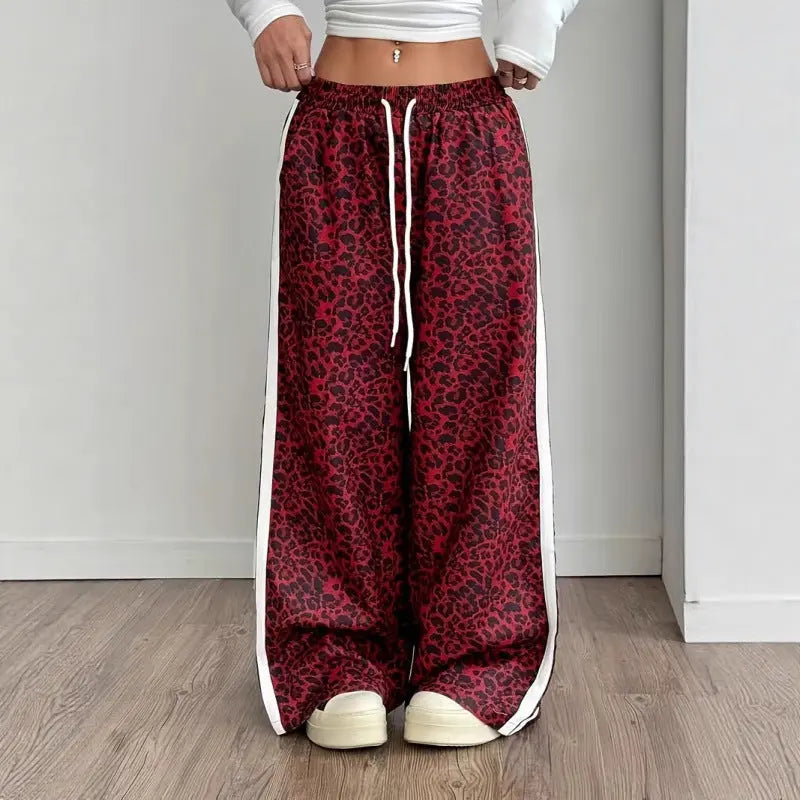 Stylish Leopard-print Patchwork Wide-leg Pants With A Relaxed Flowy Fit hercurva