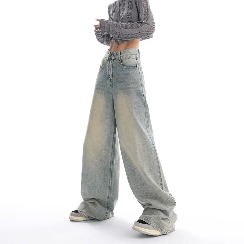 Retro Denim American Style Loose Slimming Mop Wide Leg Pants hercurva