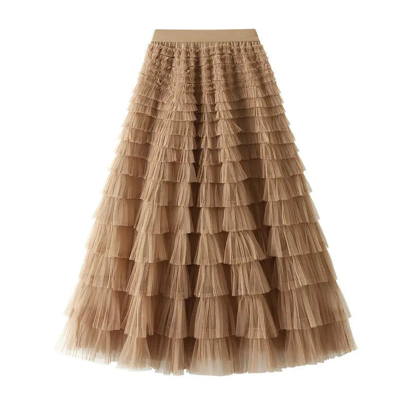 A-Line Mesh Ruffle Skirt Women's Temperament Sweet Long Skirt Slim Cupcake Dress Womens Clothing hercurva