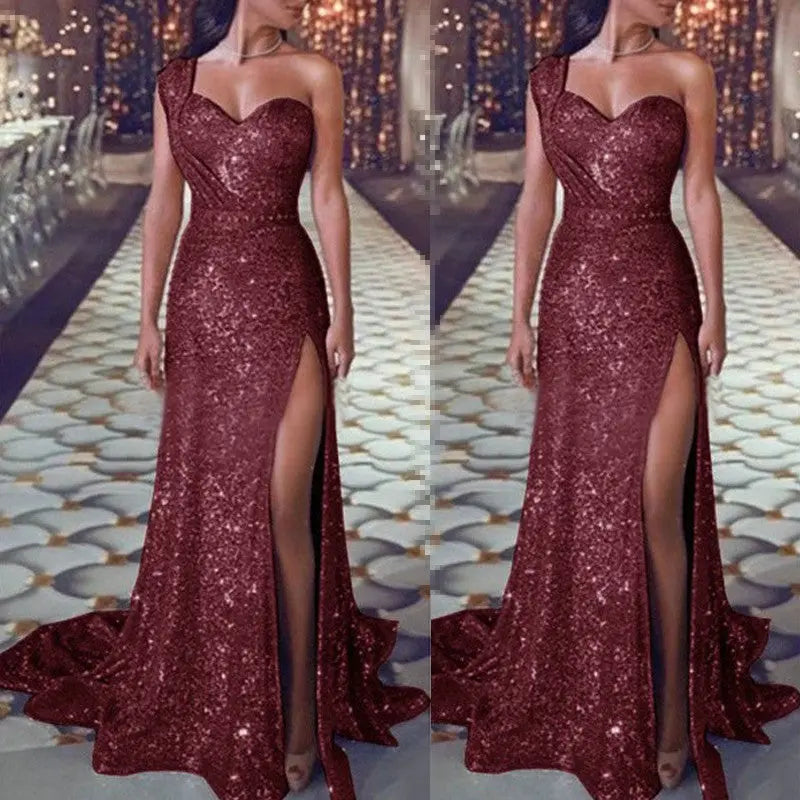 Women's Clothing One-shoulder Sleeveless Bronzing Split Dress hercurva