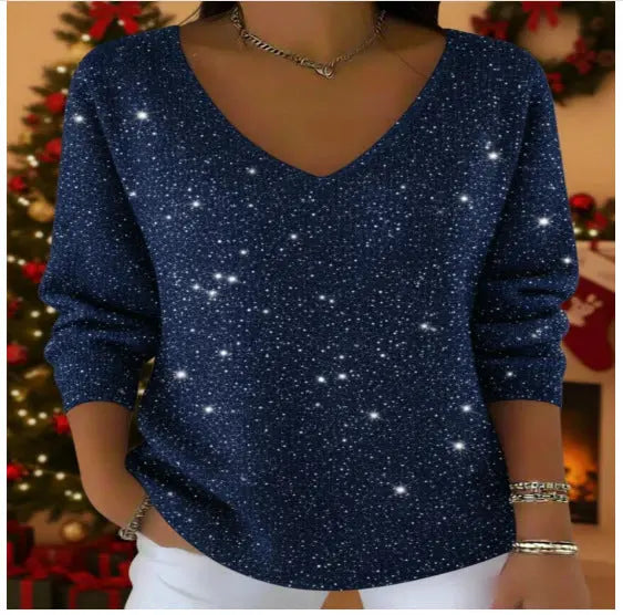 New Drop-shoulder V-neck Long-sleeve Printed Women's Pullover hercurva