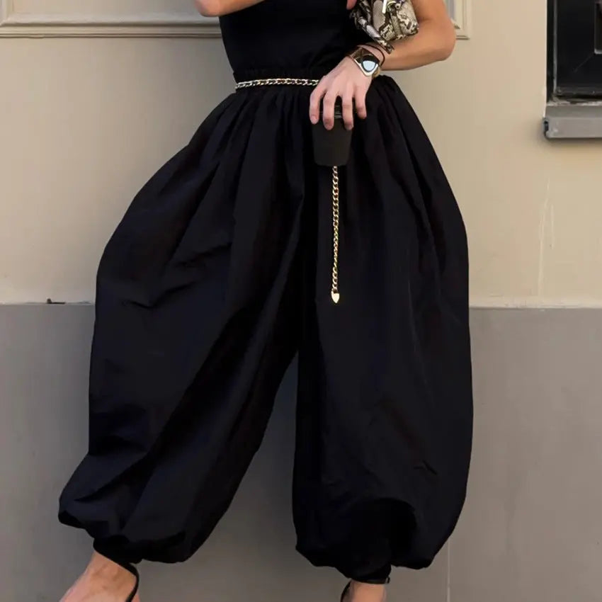 High Waist Pure Color Ankle-tied Wide Bloomers Harem Pants hercurva