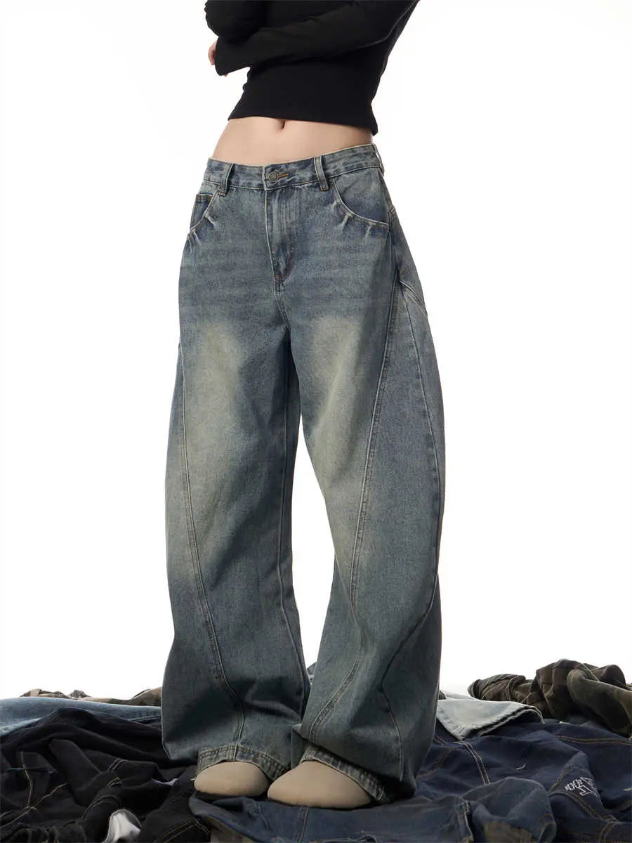 Women's Wide Leg Retro Washed Worn Jeans hercurva