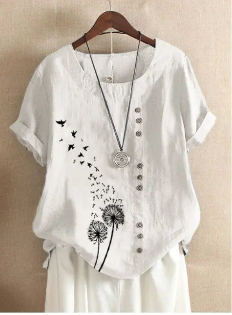 Retro Plus Size Casual Loose Cotton And Linen Short-sleeved Pullover T-shirt hercurva