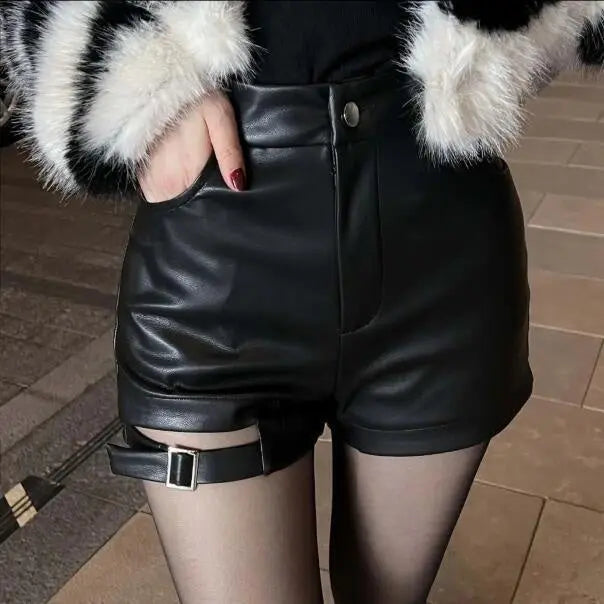 Black Buckle Washed Leather Shorts For Women hercurva