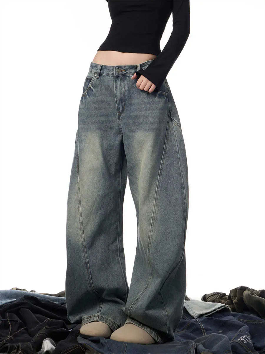 Women's Wide Leg Retro Washed Worn Jeans hercurva