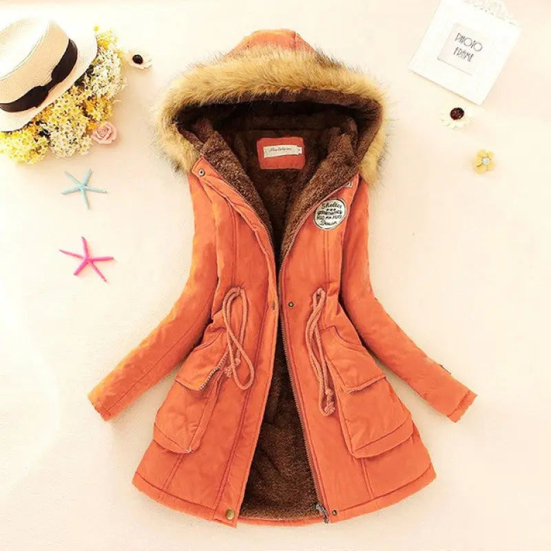 Long Women's Cotton-Padded Jacket With Wool Collar hercurva