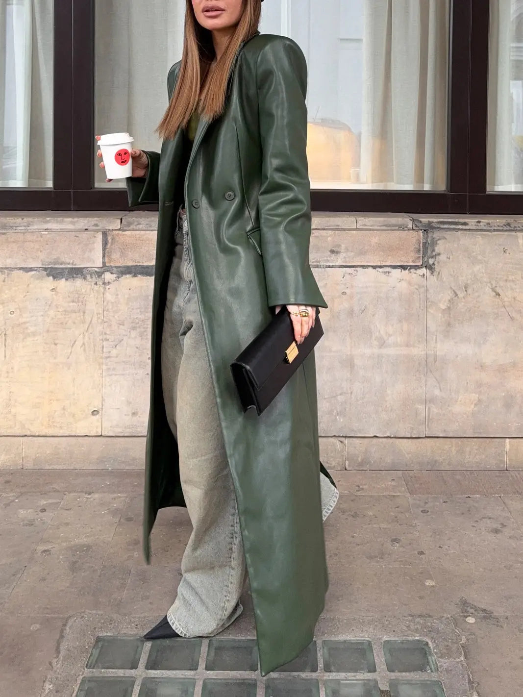 Olive Green Leather Maxi Trench Coat With Shoulder Pads hercurva
