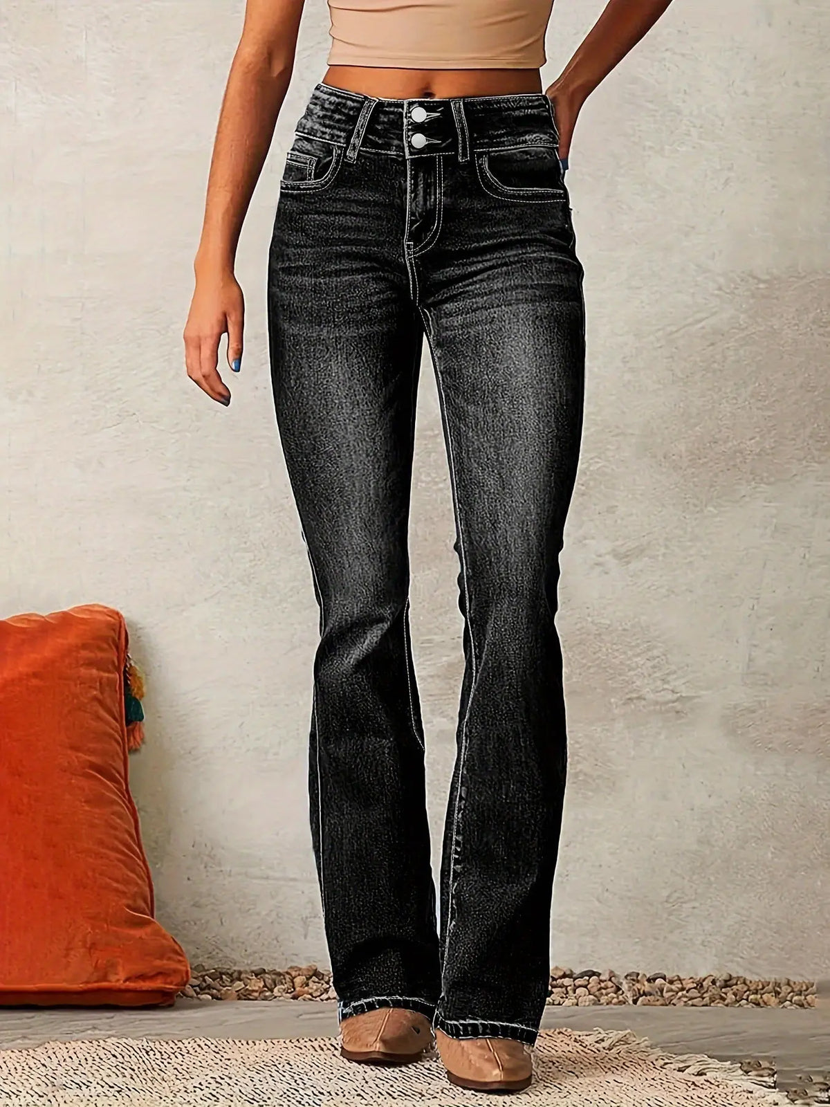 Skinny Flared Jeans With Pockets Fashion Button Zipper Trousers Women's Slim Denim Pants hercurva