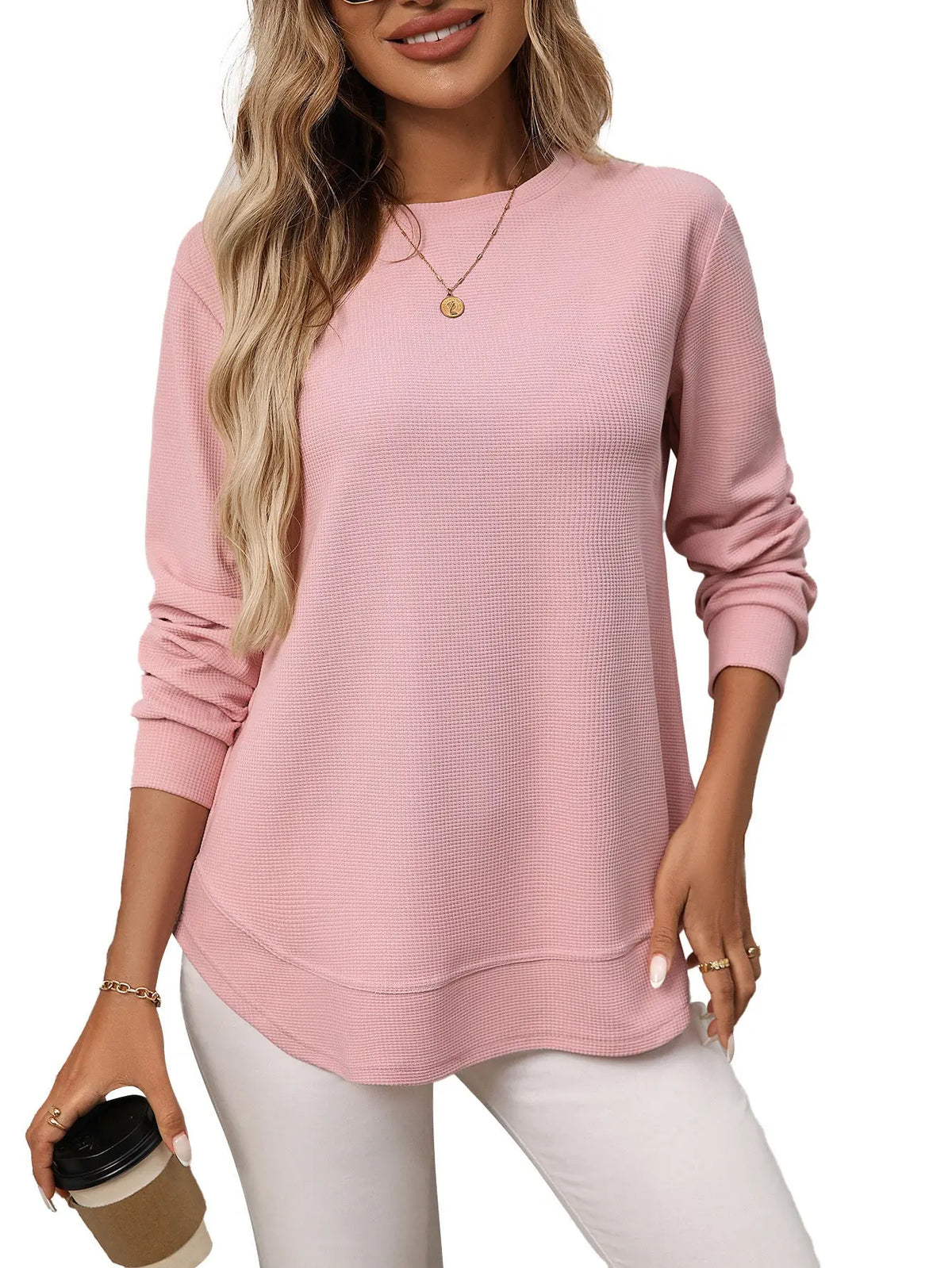 European And American Loose Waffle Casual All-match T-shirt Knitted Long Sleeve hercurva