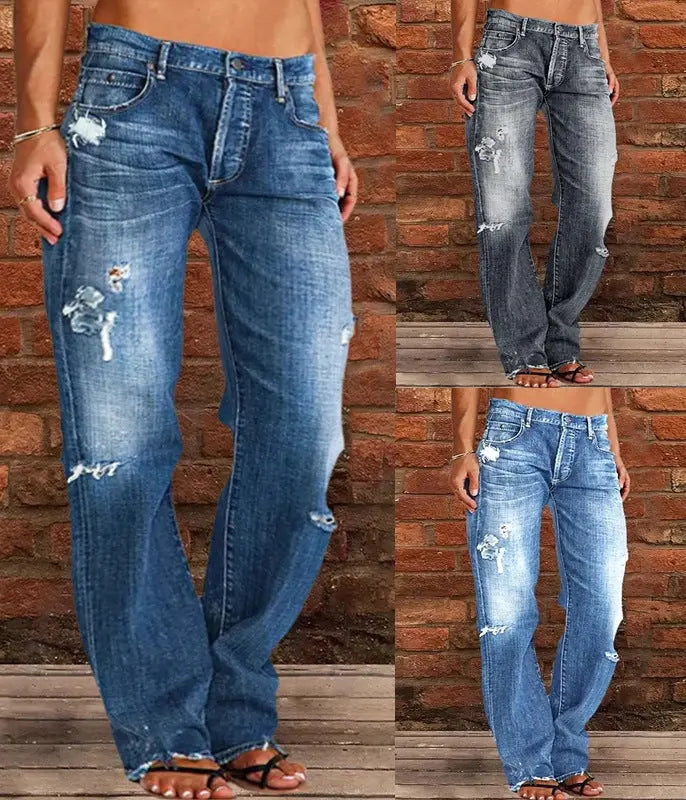 Ripped Jeans Loose Wide Leg Denim Pants Leisure Commuting Trousers Women's Clothing hercurva