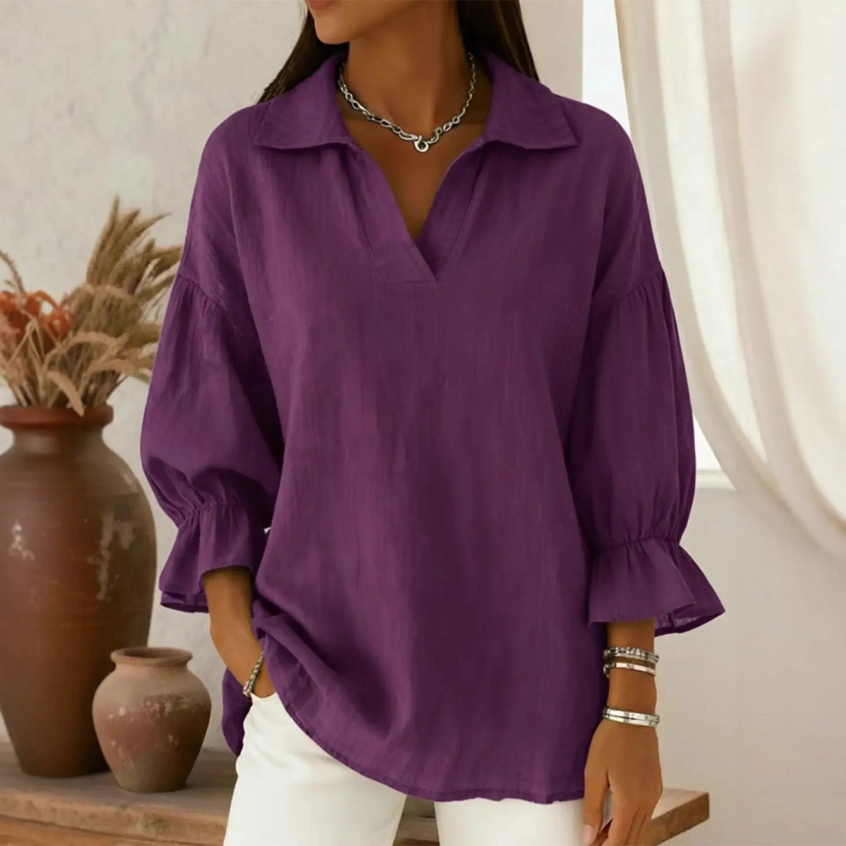 Casual Relaxed-fit Fashionable Long-sleeve Top With A Turn-down Collar hercurva