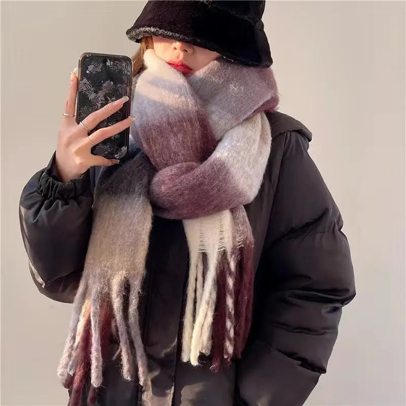 Women's Plaid Tassel Scarf Rainbow Color-blocking Shawl hercurva