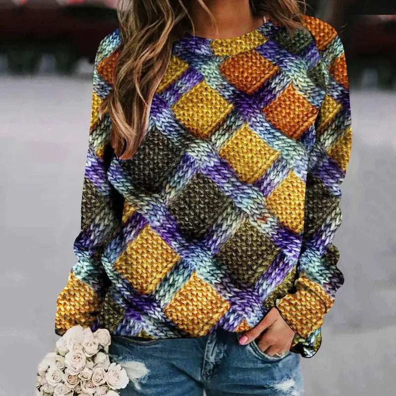 Printed Patchwork Round Neck Raglan Long Sleeve Women's Sweater hercurva