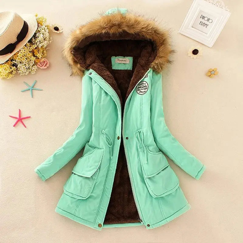 Long Women's Cotton-Padded Jacket With Wool Collar hercurva