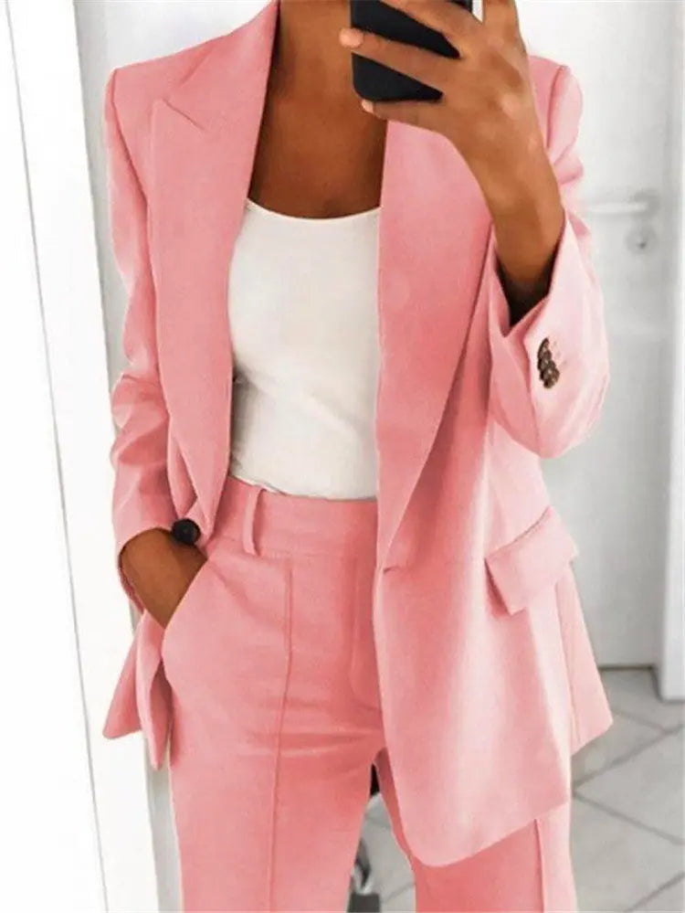 Ins Button Casual Suit Fashion Long-sleeved Lapel Blazer Jacket And Slim-fit Pocket Trousers For Women Clothing hercurva