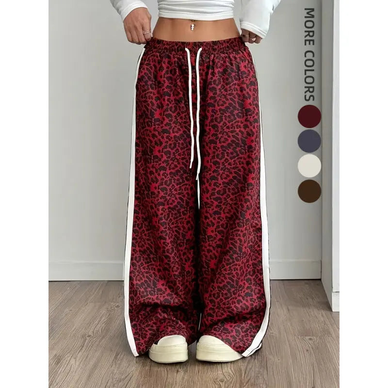 Stylish Leopard-print Patchwork Wide-leg Pants With A Relaxed Flowy Fit hercurva