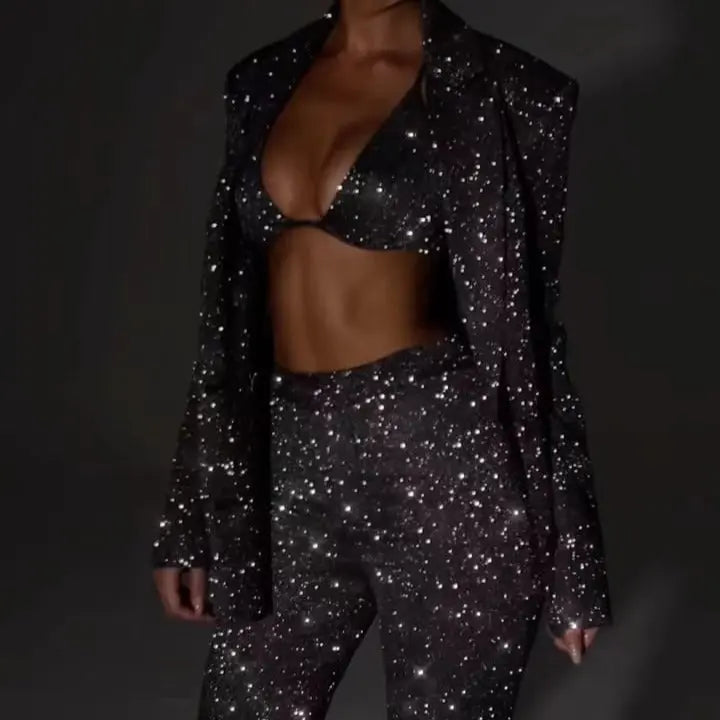 3pcs Shiny Long-sleeved Suit With Bra Lapel Blazer And Straight-leg Trousers Fashion Party Jacket Set For Women Clothing hercurva
