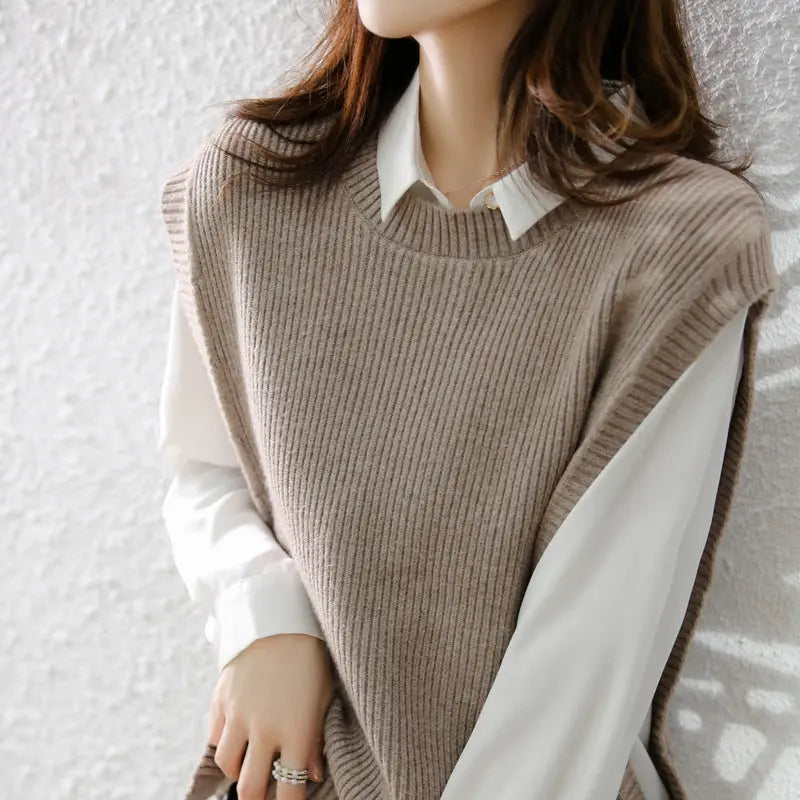 Womens Knitted Crew-Neck Vest Casual Loose-Fit Sleeveless Waistcoat hercurva