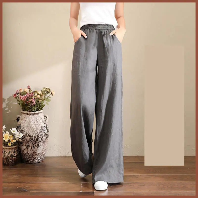 Pure Linen Korean Wide Leg Pants Women Loose Rope hercurva