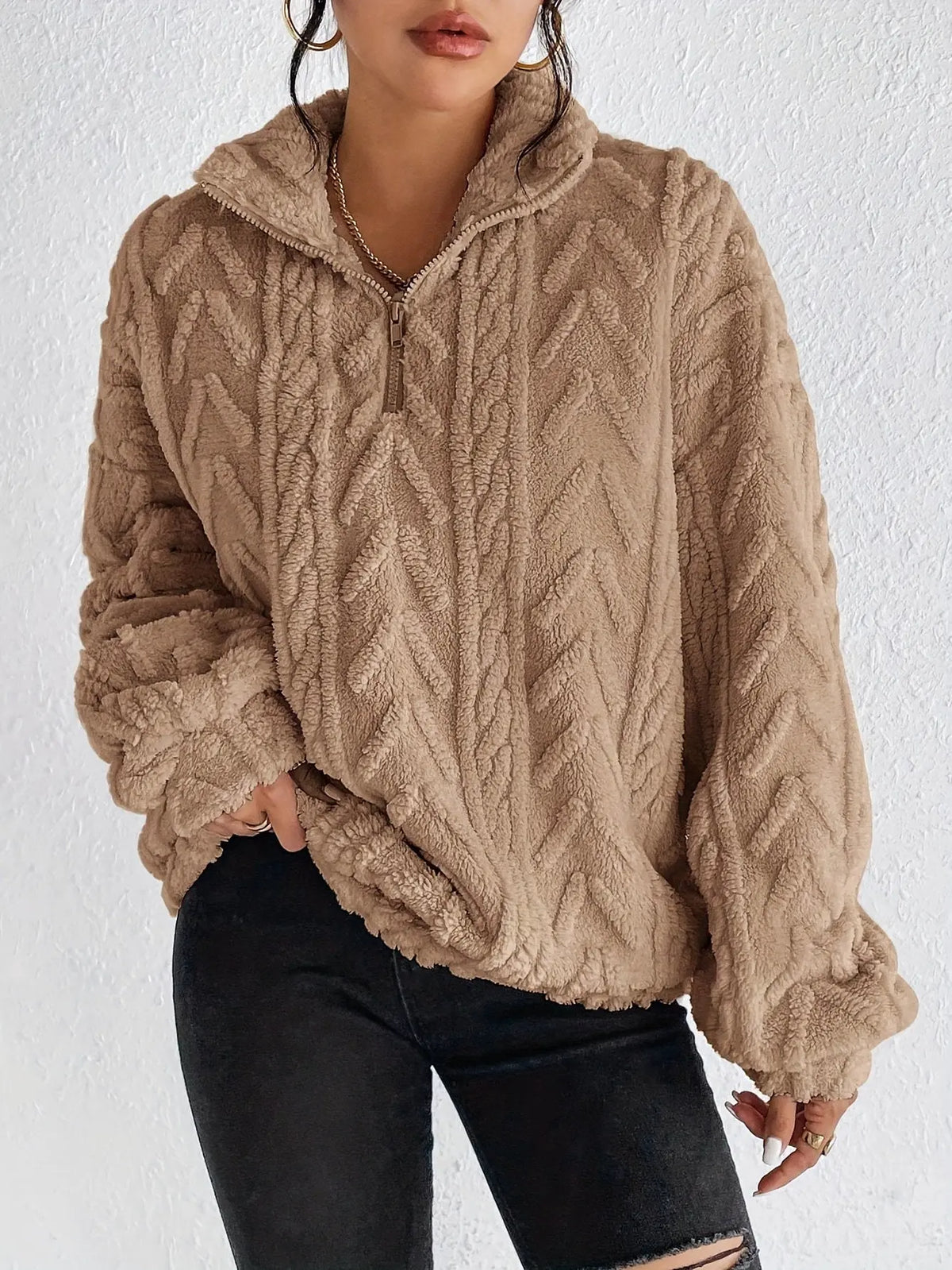 Double-sided Plush Latte Art Casual Zipper Pullover Top hercurva
