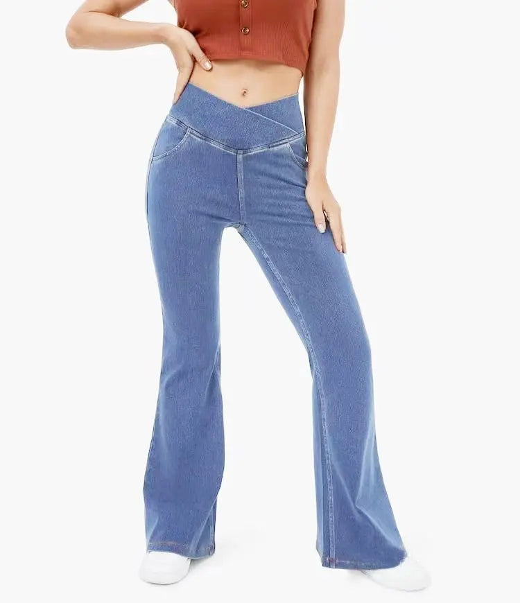 High Imitation Denim Bell-bottom Pants Cross-border Hip Lifting European And American Women Bell-bottom Pants hercurva