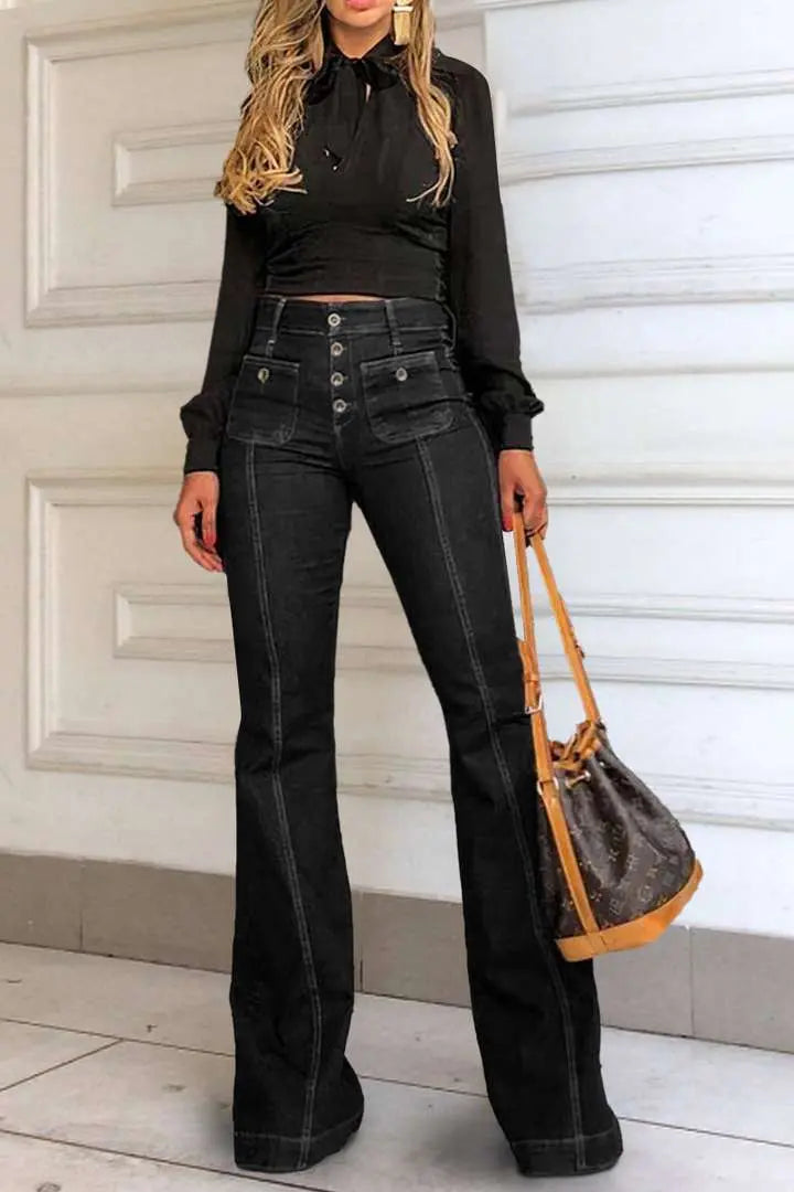 Stitching Washed Denim Stretch Slim Fit Bell-bottom Pants hercurva
