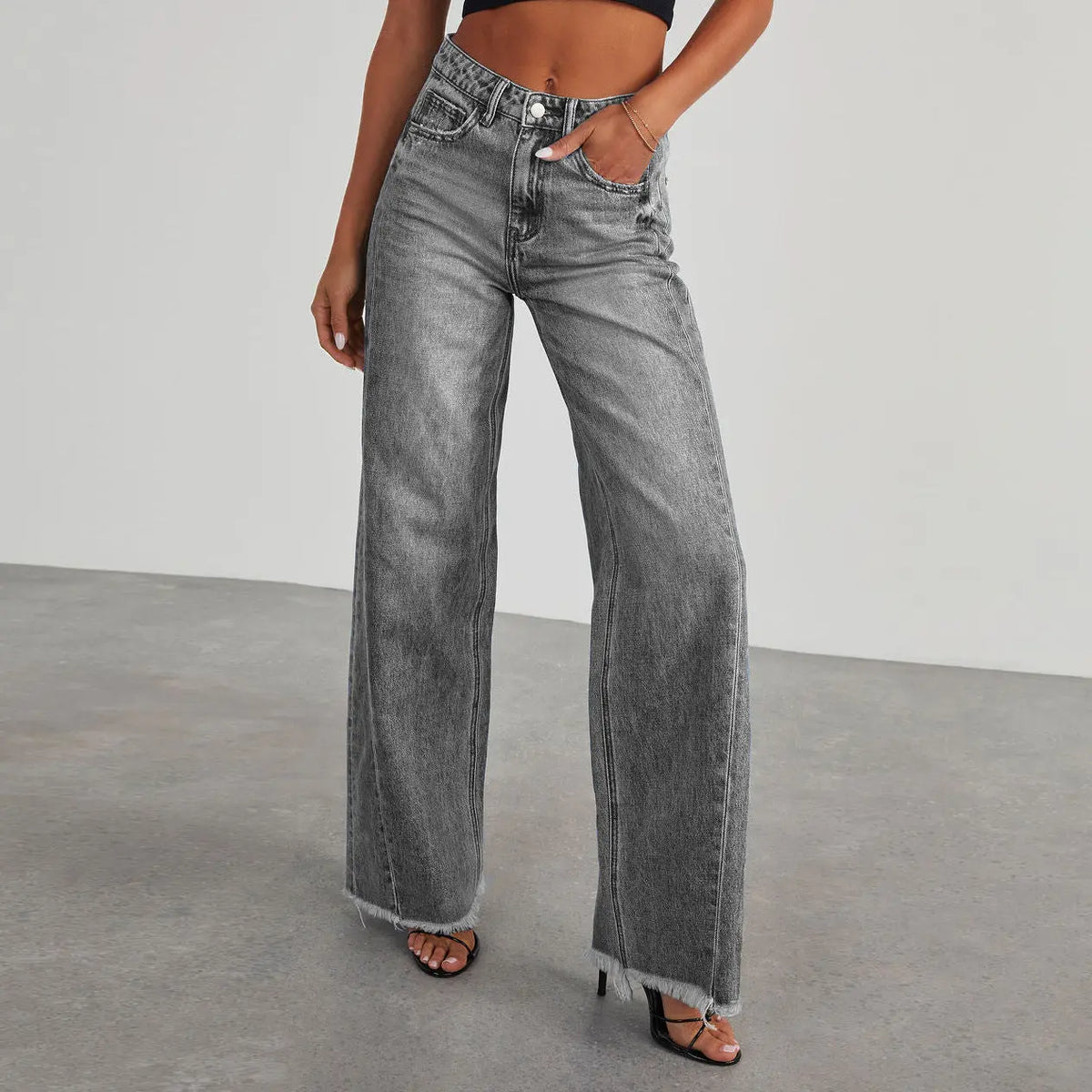 Fashion High Waist Jeans With Pockets Comfortable Slim Fit Straight Wide-leg Pants Womens Clothing hercurva