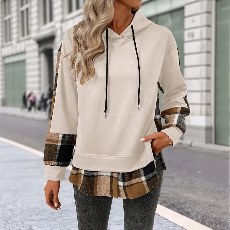 European And American Long Sleeve Plaid Colorblock Hooded Velvet Padded Sweater hercurva
