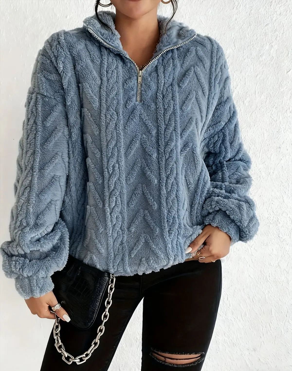 Double-sided Plush Latte Art Casual Zipper Pullover Top hercurva
