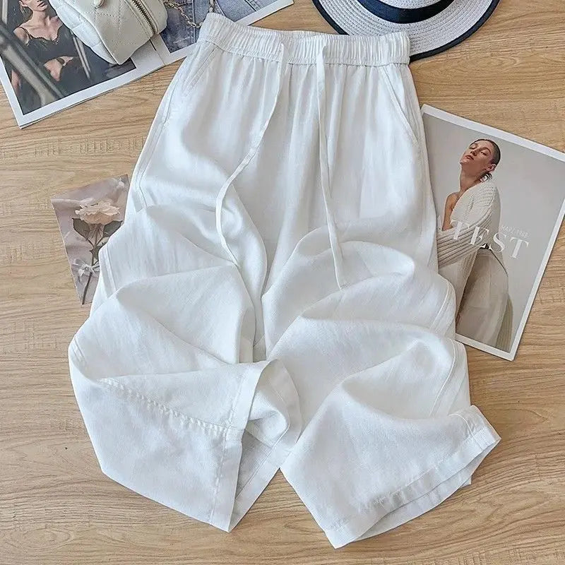 High Waist Drape Linen Cropped Straight Pants hercurva